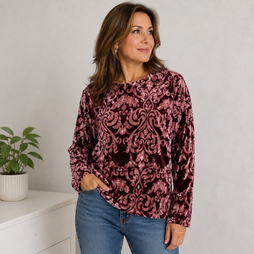 Bob Mackie Stretchy Top XL Wearable Art Damask Ikat Graphic Print Art To Wear